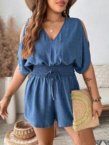 Breezaya Plus Size Women V-Neck Off Shoulder Ruffle Romper - Navy Blue - View 3