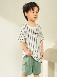 SHEIN Leap Crew Young Boy Letter Print Striped Tee - White - View 7