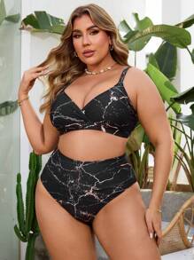 SHEIN Swim Curve مجموعة ملابس السباحة للنساء ذوات الحجم الكبير بطبعة ربطة العنق المجردة والياقة على شكل حرف V لفصل الصيف - متعدد الألوان - مشاهدة 5
