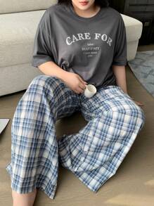 Dazy Plus 2pcs Set Loose Pajama Top And Bottoms, All Season Casual Loungewear - Grey - View 1