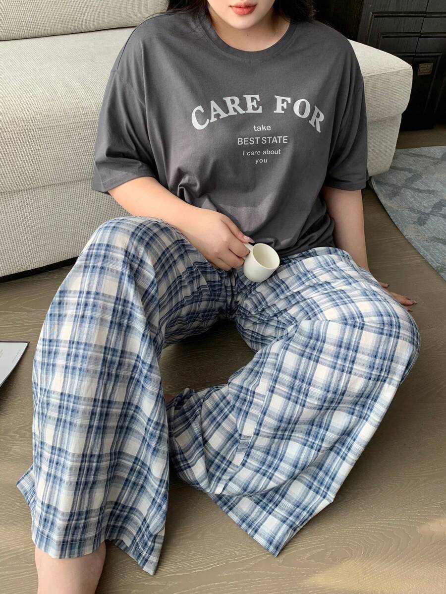 Dazy Plus 2pcs Set Loose Pajama Top And Bottoms, All Season Casual Loungewear - Grey - View 1