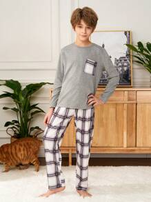 SHEIN Tween Boy Urban Casual Plaid Pattern Straight Pajama Pants And Round Neck Long Sleeve Pocket Graphic T-Shirt Loose Comfortable 2 Pieces Sleepwear Set - Grey - View 1