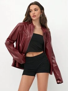 Flirla Chaqueta casual holgada de mujer con diseño de cremallera en piel roja retro