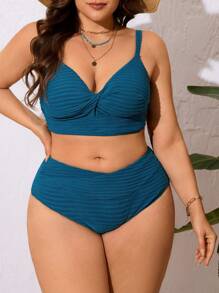 Swim Lushoire Plus Size Women's 2Pcs Solid Color Adjustable Strap Ruched Top And High Waist Spliced Bottoms Swimwear, Fashionable Resort Wear For Summer Beach Vacation - Dark Green - View 5