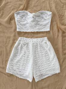 Soleia Conjunto de top bandeau con nudo y shorts para mujer, atuendo casual de playa, ropa de verano - Blanco - Ver 2
