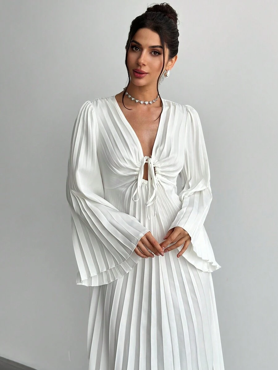 Firerie 情人节女士 V 领抽绳褶皱喇叭袖合身腰长款白色连衣裙，优雅简约设计，适合休闲装、约会、派对、浪漫场合、秋冬/春季，白色毕业礼服 - 白色 - 查看 1