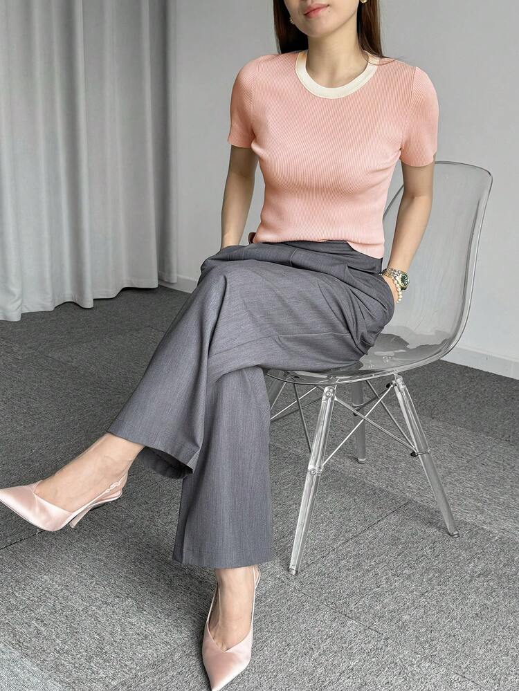 Women'sContrastColorBlock Round Neck Fitted Short Sleeve Knit Top,Pink,Spring/Summer