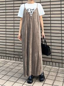 FRIFUL Damen einfarbiges Trägerkleid, lässiges strukturiertes, locker sitzendes Midikleid, Sommerkleid, Herbstkleid mit Langarm - Khaki - Übersicht 4
