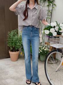 DAZY Women's Bow Embroidered Turndown Collar Loose Short Sleeve Blouse, Spring/Summer - Black and White - View 3