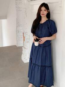 DAZY 女士褶皱短袖开衫夹克和牛仔裙两件套 - 深色水洗藍 - 查看 6