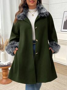SHEIN LUNE Plus Size Women Autumn/Winter Patchwork Faux Fur Long Sleeve Single-Breasted Elegant Woolen Coat