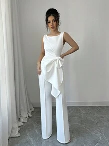 Elenzga Conjunto de top sin mangas y pantalones de pierna ancha, en color blanco elegante, con un ajuste delgado y favorecedor, un conjunto de moda