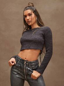 Denimoi Women's Charcoal Rib Holiday Cropped Top With Tie Back - Dark Grey - View 4