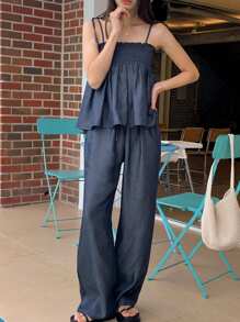 DAZY 2 Stück/Set Damen einfarbiger Jumpsuit mit Spaghettiträgern für Frühling und Sommer