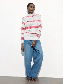 Maija Women Geometric Pattern Dropped Shoulder Stand Collar Loose Knitted Sweater,Festival - Red and White - View 2