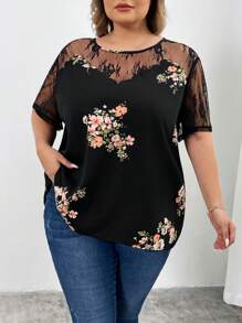 SHEIN CURVE+ 大码女式夏季蕾丝花卉撞色网眼短袖波西米亚风度假衬衫