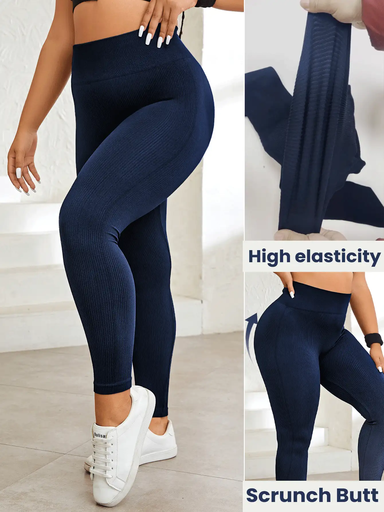 SHEIN Rhythm Era 女式大码纯色运动紧身裤瑜伽裤 - 藏蓝色 - 查看 2