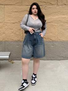 Dazy Plus Washed Relaxed Wide Leg Denim Shorts, All Season