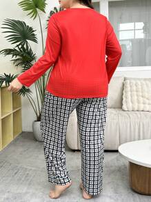 情人节“LOVE”字母印花长袖衬衫搭配格子裤、大码睡衣套装 - 彩色 - 查看 2