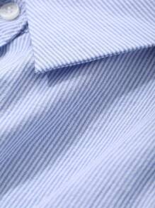 DAZY 女士单排扣口袋短袖条纹休闲衬衫夏季 - 藍色 - 查看 6