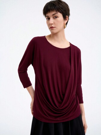 Aalyst Women's Burgundy Ruffle Collar Long Sleeve Loose Knit T-Shirt, Fashionable, Elegant, Suitable For Outings, Home, Parties, Holidays, Thanksgiving, Christmas, New Year