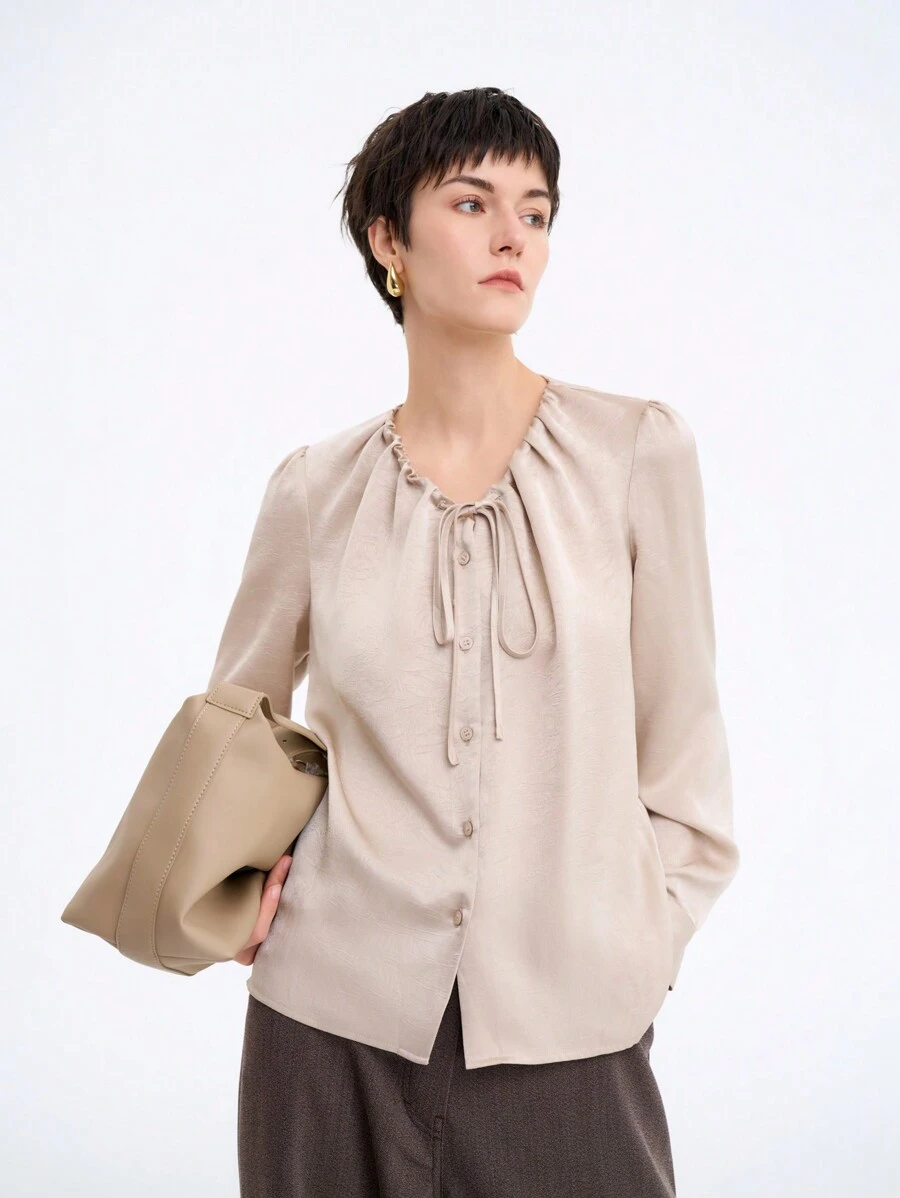 Aalyst Chemise à manches longues pour femmes avec col rond élégant, cordon coulissant, nœud papillon et boutons devant. Convient pour le printemps, l'automne et l'hiver