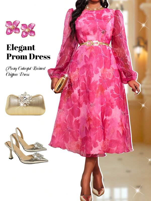 Fleurora Autumn And Winter Elegant Vintage Work Wedding Cocktail Party Colorful Knitted Chiffon Round Neck Bishop Sleeve A Line Dress Plus Size Dresses Prom Dress
