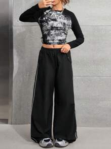 Girlism 2 Pieces Set For Teen Girls Black And White Autumn Streetwear Holiday Casual English Text Tie Dye Bow Decor T-Shirt & Chic Utility Cargo Pants - Multicolor - View 3