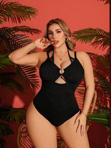 SHEIN Swim Curve Plus Size 1pc Cutout Rib Knit Design Spaghetti Strap Backless Adjustable One-Piece Swimsuit For Women, Elegant & Sexy Beach Vacation Swimwear, For Summer - Black - View 3