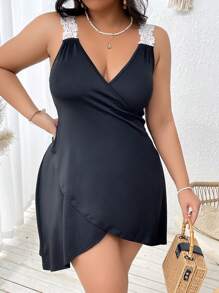Swim Vcay Plus Size Women Contrast Lace Sexy Black Cover Up Dress Summer