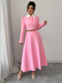 Chiquease 优雅女士两件套服装，裙子和上衣套装，粉色女士两件套 - 粉色 - 查看 3