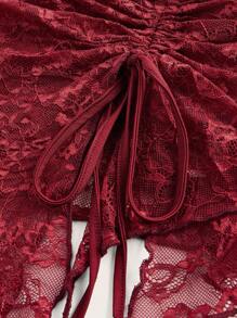 Sweetina Lace Patchwork Drawstring Asymmetrical Hem Cropped Cami Top - Burgundy - View 3