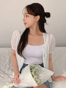 DAZY Women Round Neck Textured Casual Short Sleeve Tie Front Blouse Summer - White - View 3