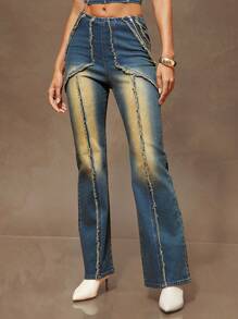 Denimoi Women's Patchwork Fringed Zipper Design Straight-Leg Casual Versatile Jeans - Medium Wash - View 5