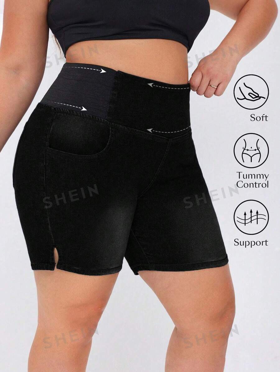 Flexra Pantalones cortos vaqueros de punto elástico de color azul oscuro, de moda simple y casual para uso diario, tallas grandes