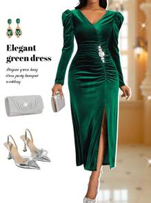 Fleurora Plus Size Women's Olive Green Velvet Puff Sleeve Pleated Design Rhinestone Embellished Button-Up Dress Prom Dress Green Women Dresses Festival Outfits Dark Green Dress Fall Wedding Guest Dress