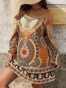 Breezaya Đầm suông dài tay trễ vai họa tiết hoa cỡ lớn cho nữ, phong cách nghỉ dưỡng - Nhiều màu - Xem 1