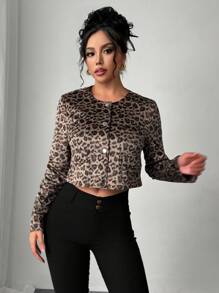 Chiquease Vintage Leopard Print Round Neck Single-Breasted Jacket - Brown - View 5
