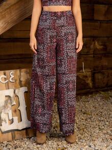 LanaWest Printed High Waist Wide Leg Beach Pants Fall Cloth For Women - Burgundy - View 1