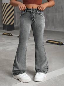 SHEIN Quần jeans ống loe denim mài đá kiểu vintage thập niên 2000 dành cho bé gái, phong cách đường phố mùa thu trở lại trường học. - màu đen - Xem 6