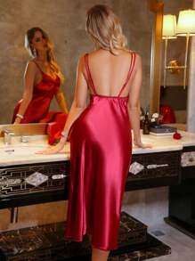 Women's Lace Patchwork Backless Faux Silk Long Nightgown - Burgundy - View 4