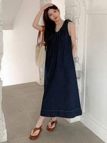 DAZY 女式蝴蝶结吊带牛仔连衣裙 - 深色水洗藍 - 查看 7