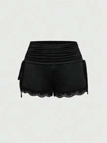 ROMWE Dark Gothic High Stretch Knit Lace Patchwork Black Pajama Bottoms - Black - View 1