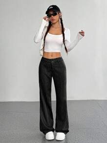 Flirla 女式系带条纹喇叭休闲裤 - 黑色 - 查看 3