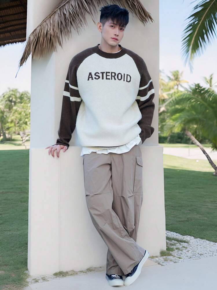 Autumn Patchwork Contrast Color Letter Men Sweater