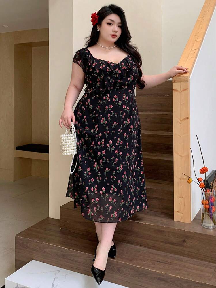 Dazy Plus Plus Size Floral Print Deep V-Neck Midi Dress, Spring/Summer Sundress Vacation Outfits Women