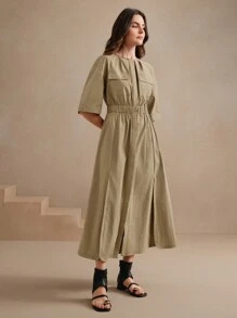 Anewsta Vestido midi de cuello redondo con manga corta y definición de cintura, estilo informal de negocios adecuado para primavera y verano