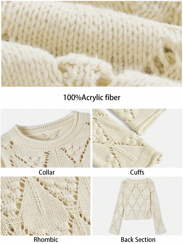 SHEIN Maija Women's Pale Peach Textured Knit Pullover, Casual Contemporary Urban Style, Comfortable Relaxed Fit Dropped Shoulder Long Sleeve Diamond Pattern Design Sweater, Suitable For Autumn And Winter Old Money