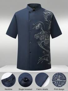 Manfinity Homme Men's Floral Print Short Sleeve Single-Breasted Chef Shirt Men Work Shirts