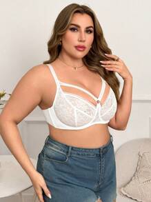 1pc Plus Size Contrast Lace Push-Up Wire Bra Lingerie - White - View 4